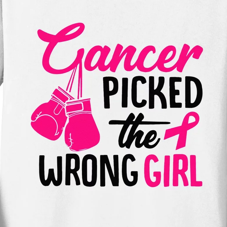 Cancer Picked The Wrong Girl Breast Cancer Awareness Kids Long Sleeve Shirt