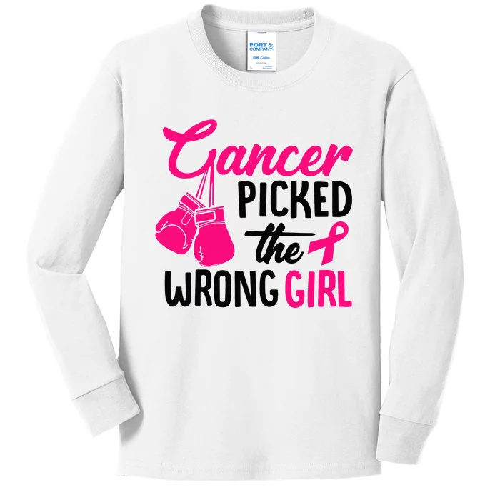 Cancer Picked The Wrong Girl Breast Cancer Awareness Kids Long Sleeve Shirt