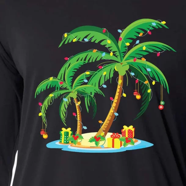 Christmas Palm Tree Tropical Xmas Gift Coconut Lights Pajama Cooling Performance Long Sleeve Crew