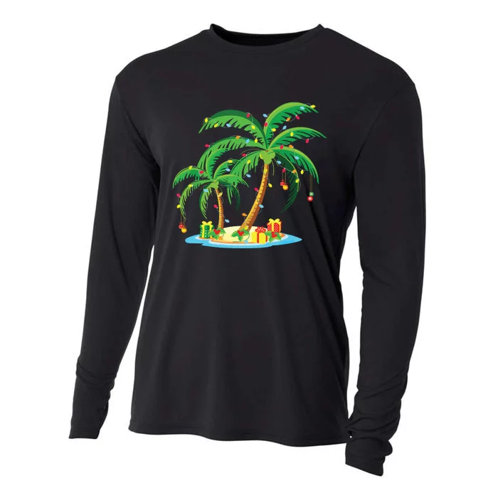 Christmas Palm Tree Tropical Xmas Gift Coconut Lights Pajama Cooling Performance Long Sleeve Crew