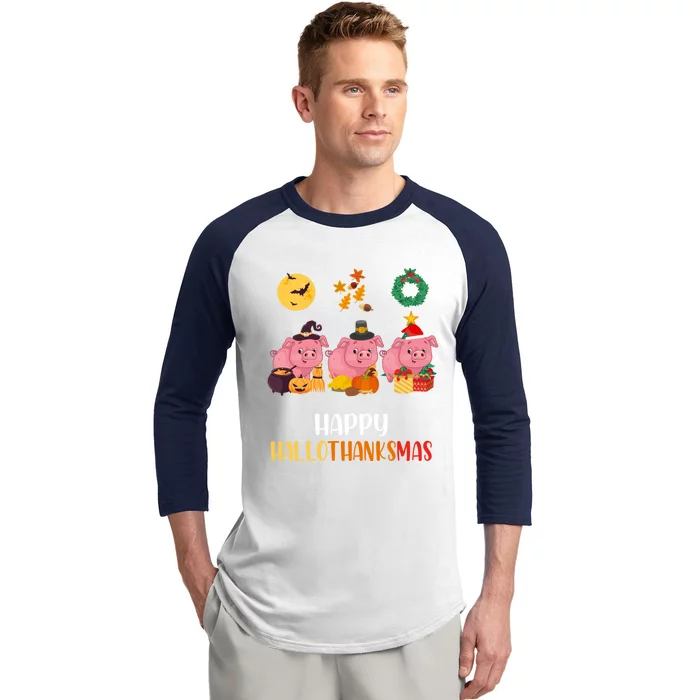 Cute Pig Thanksgiving Christmas Pig Happy Hallothanksmas Pig Meaningful Gift Baseball Sleeve Shirt