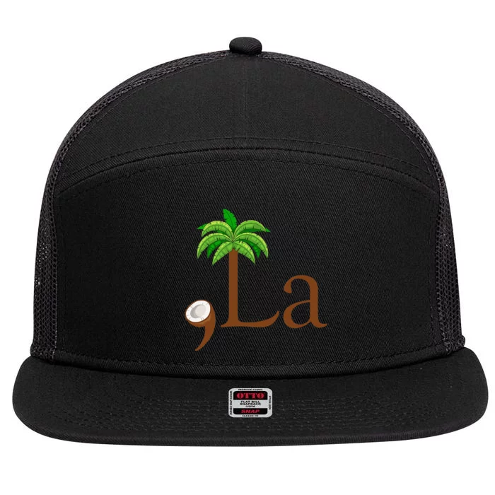 Coconut Palm Tree Comma + La Kamala Harris President 2024 Gift 7 Panel Mesh Trucker Snapback Hat