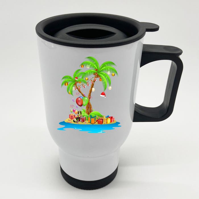 Christmas Palm Tree Tropical Xmas Coconut Matching Family Gift Front & Back Stainless Steel Travel Mug