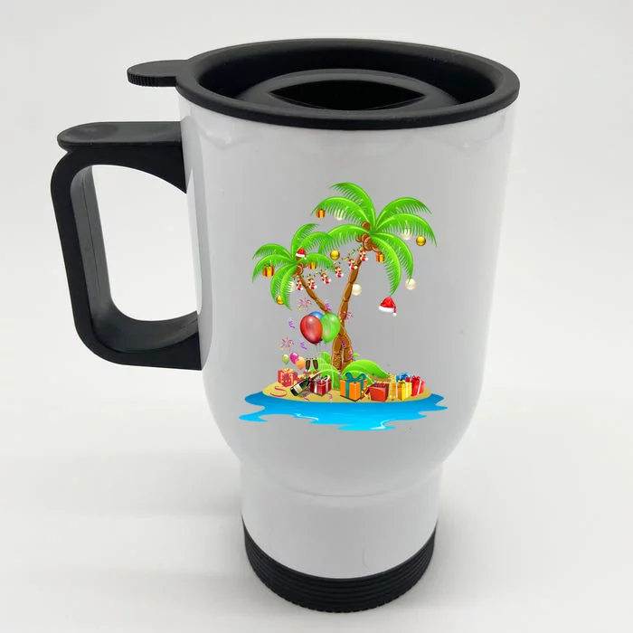 Christmas Palm Tree Tropical Xmas Coconut Matching Family Gift Front & Back Stainless Steel Travel Mug