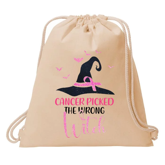 Cancer Picked The Wrong Witch Breast Cancer Awareness Drawstring Bag