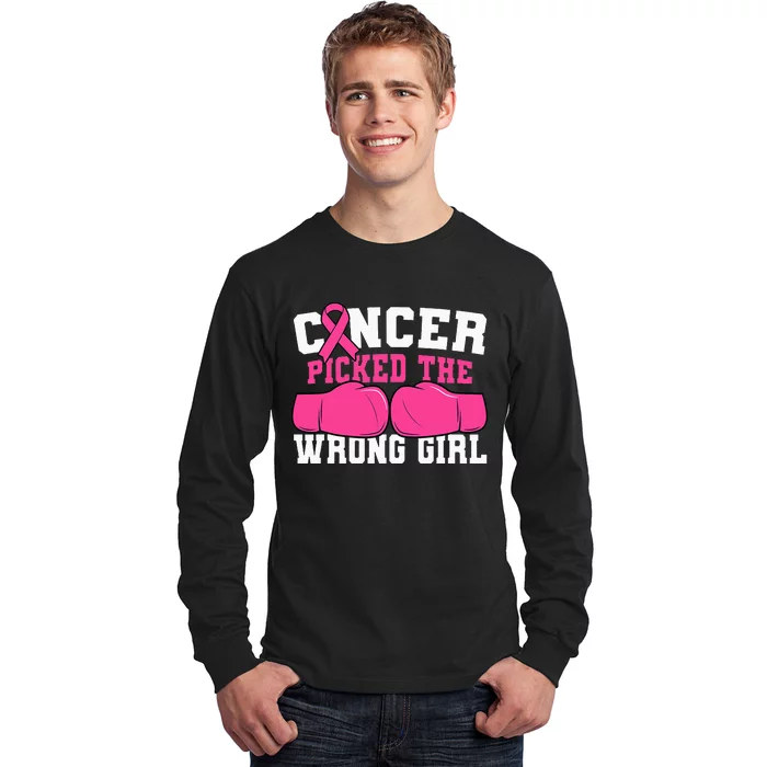 Cancer Picked The Wrong Girl Boxing Gloves Pink Ribbon Long Sleeve Shirt