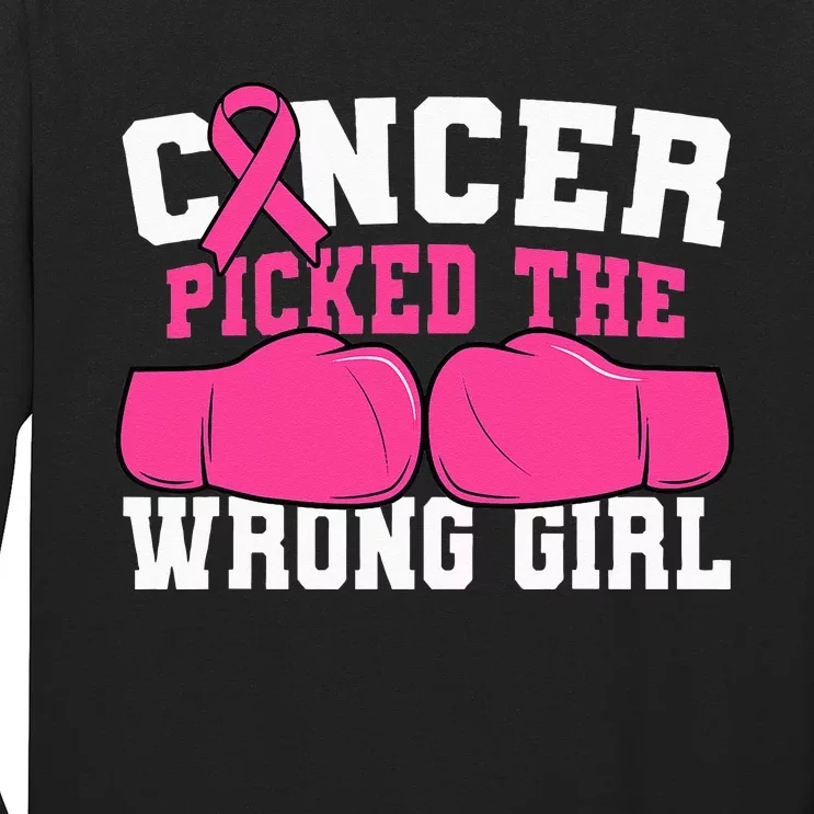 Cancer Picked The Wrong Girl Boxing Gloves Pink Ribbon Long Sleeve Shirt