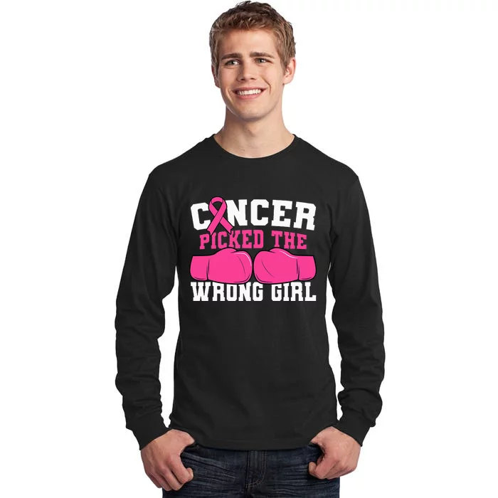 Cancer Picked The Wrong Girl Boxing Gloves Pink Ribbon Tall Long Sleeve T-Shirt