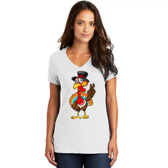 Cute Peaceful Turkey Thanksgiving Day Women's V-Neck T-Shirt