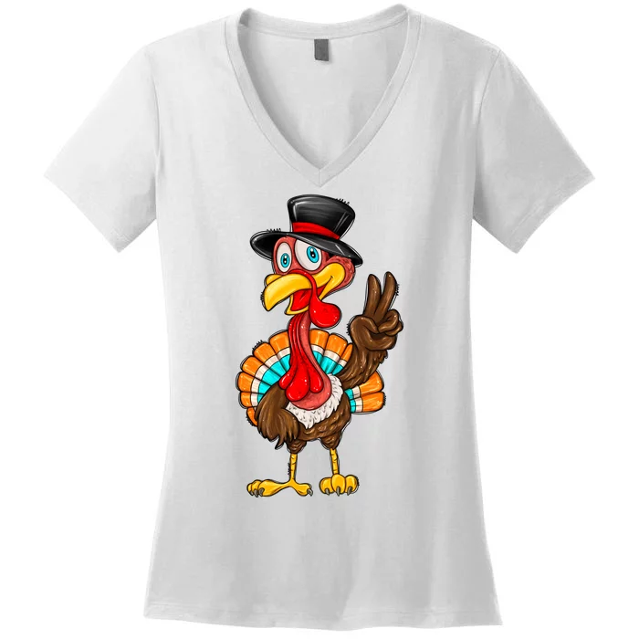 Cute Peaceful Turkey Thanksgiving Day Women's V-Neck T-Shirt