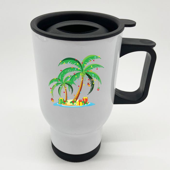 Christmas Palm Tree Tropical Xmas Gift Coconut Lights Pajama Front & Back Stainless Steel Travel Mug