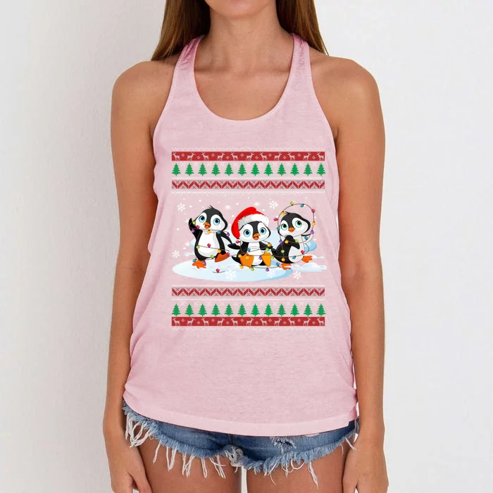 Cute Penguin Ugly Christmas Sweater Xmas Light Penguin Lover Gift Women's Knotted Racerback Tank