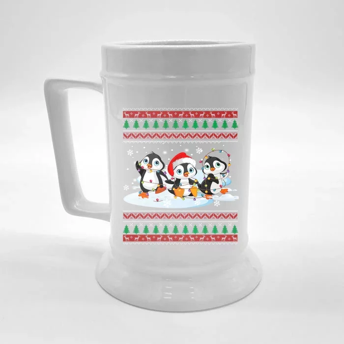 Cute Penguin Ugly Christmas Sweater Xmas Light Penguin Lover Gift Front & Back Beer Stein