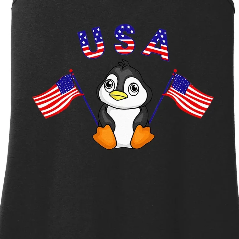 Cute Patriotic USA Penguin American Flags 4th of July Animal Ladies Essential Tank