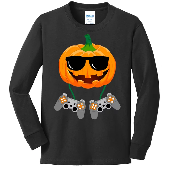 Cool Pumpkin Video Gamer Kids Long Sleeve Shirt