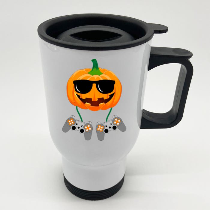 Cool Pumpkin Video Gamer Front & Back Stainless Steel Travel Mug