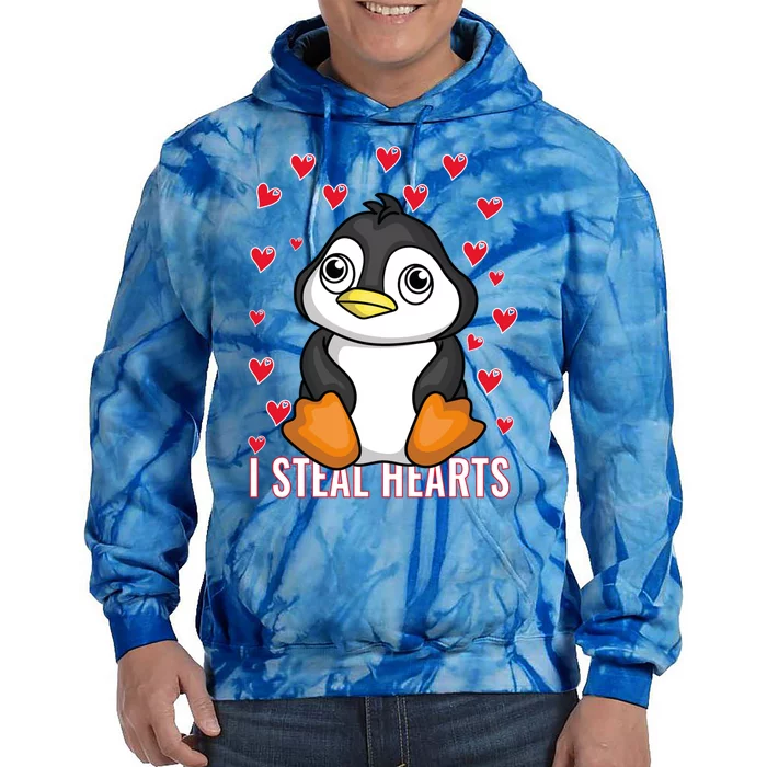 Cute Penguin With Red Hearts I Steal Heart Penguin Cute Gift Tie Dye Hoodie