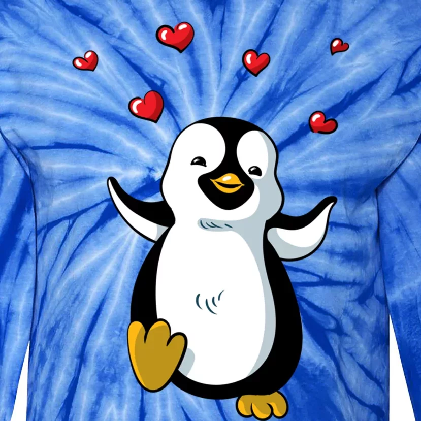 Cute Penguin With Red Hearts Valentines Day Meaningful Gift Tie-Dye Long Sleeve Shirt