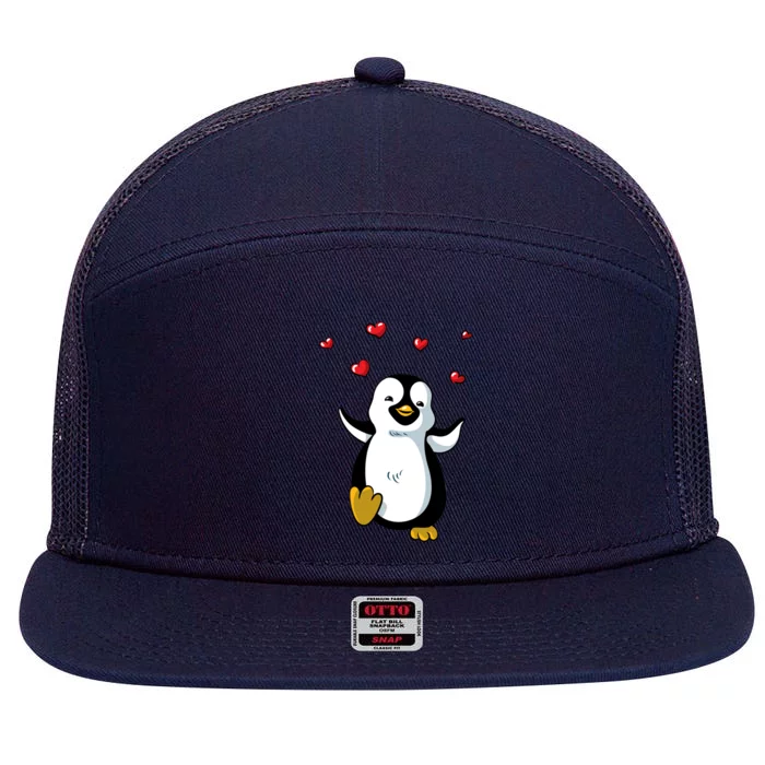 Cute Penguin With Red Hearts Valentines Day Meaningful Gift 7 Panel Mesh Trucker Snapback Hat