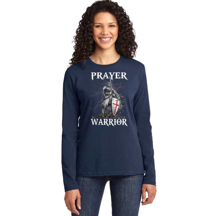 Christian Prayer Warrior Jesus Cross Religious Messages Ladies Long Sleeve Shirt