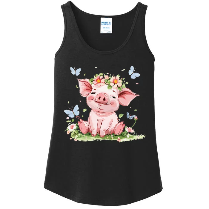 Cute Pig With Flowers I Pig Ladies Essential Tank