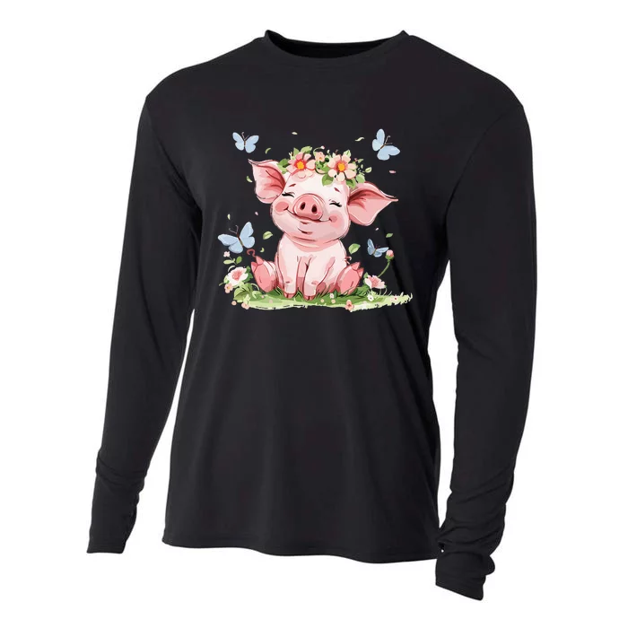 Cute Pig With Flowers I Pig Cooling Performance Long Sleeve Crew