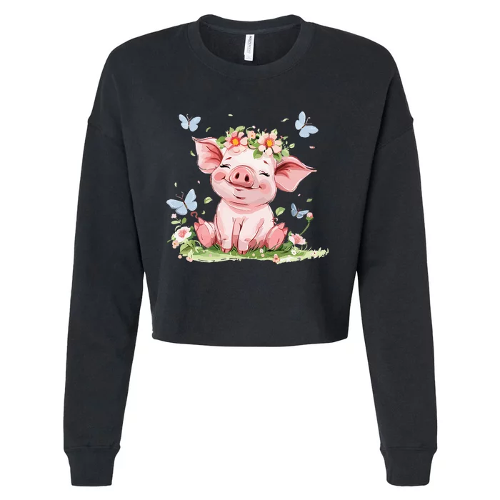 Cute Pig With Flowers I Pig Cropped Pullover Crew