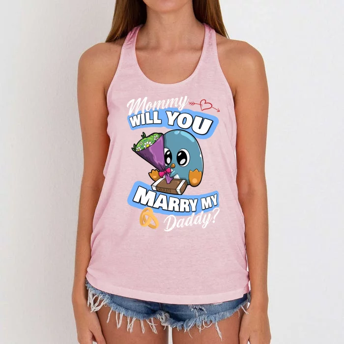 Cute Penguin Wedding Offer Mommy Will You Marry My Daddy Gift Women's Knotted Racerback Tank