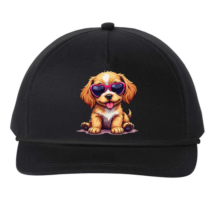 Cute Puppy Wearing Heart Sunglasses Adorable Dog Lover Snapback Five-Panel Rope Hat