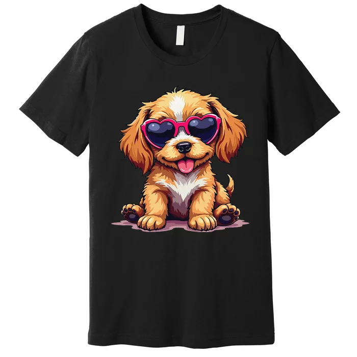 Cute Puppy Wearing Heart Sunglasses Adorable Dog Lover Premium T-Shirt