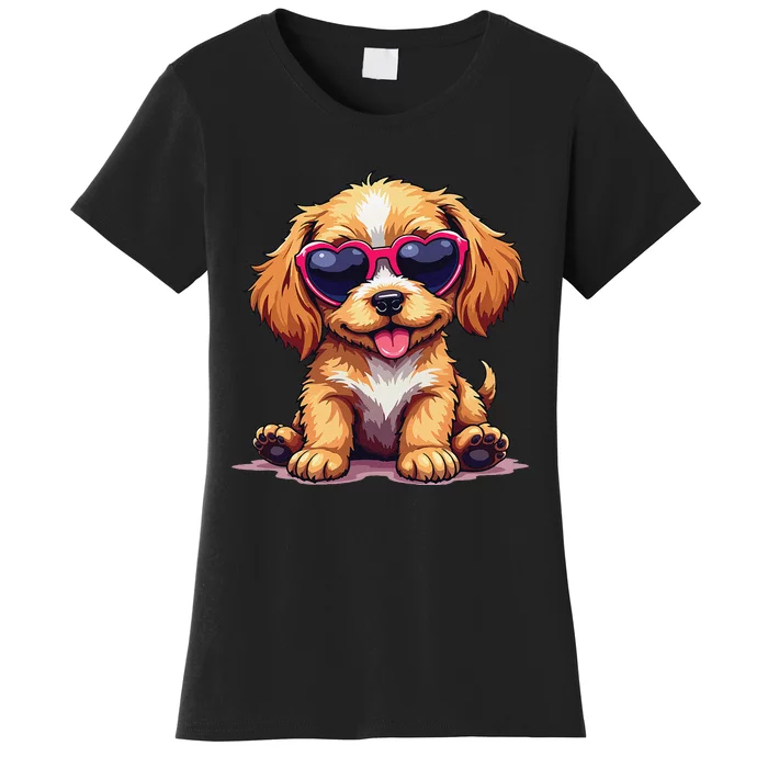 Cute Puppy Wearing Heart Sunglasses Adorable Dog Lover Women's T-Shirt