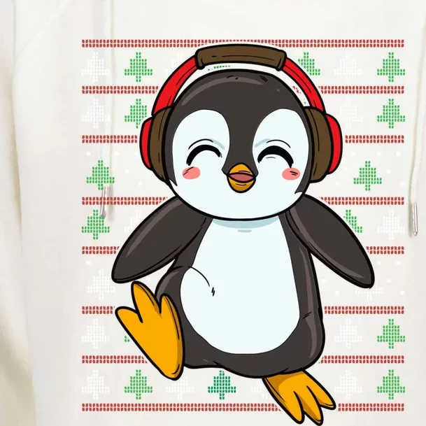 Cute Penguin With Headphones Penguin Christmas Cute Gift Womens Funnel Neck Pullover Hood