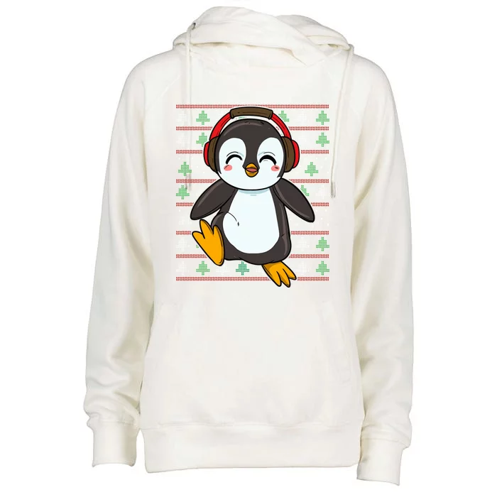 Cute Penguin With Headphones Penguin Christmas Cute Gift Womens Funnel Neck Pullover Hood