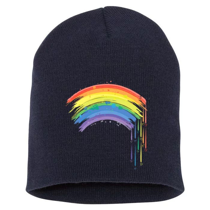 Cute Painted Watercolor Rainbow And Hearts Short Acrylic Beanie