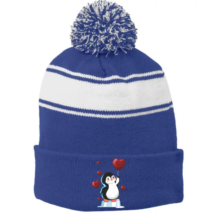 Cute Penguin With Heart Balloon Valentines Day Love Gift Stripe Pom Pom Beanie