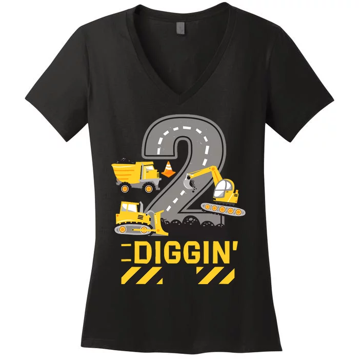 Construction Party Zone Second Birthday 2 And Diggin’ It Women's V-Neck T-Shirt