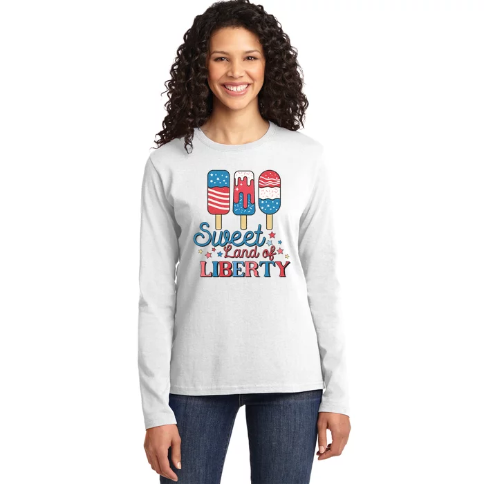 Cute Retro 4th of July Popsicle Patriotic Land of Liberty Ladies Long Sleeve Shirt