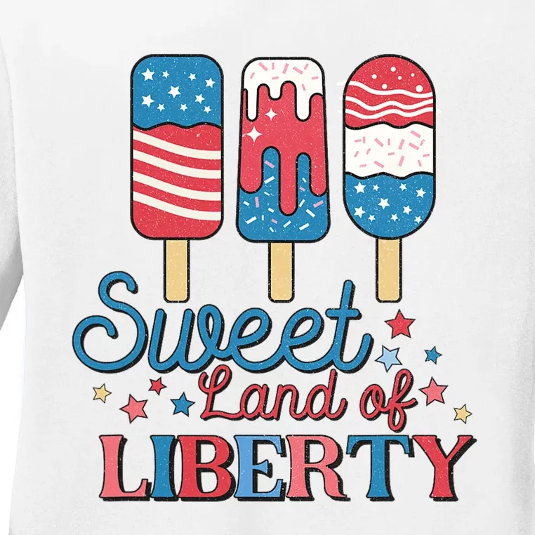 Cute Retro 4th of July Popsicle Patriotic Land of Liberty Ladies Long Sleeve Shirt