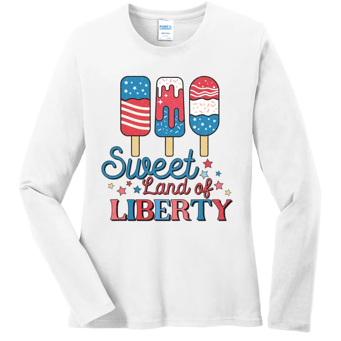 Cute Retro 4th of July Popsicle Patriotic Land of Liberty Ladies Long Sleeve Shirt