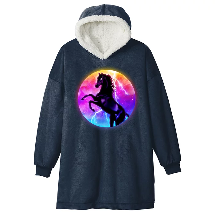 Colorful Retro 80's Eighties Lightning Galaxy Horse Hooded Wearable Blanket