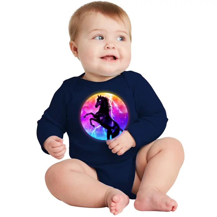 Colorful Retro 80's Eighties Lightning Galaxy Horse Baby Long Sleeve Bodysuit