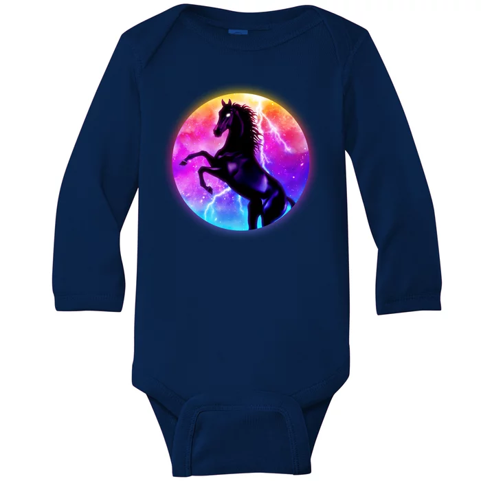 Colorful Retro 80's Eighties Lightning Galaxy Horse Baby Long Sleeve Bodysuit