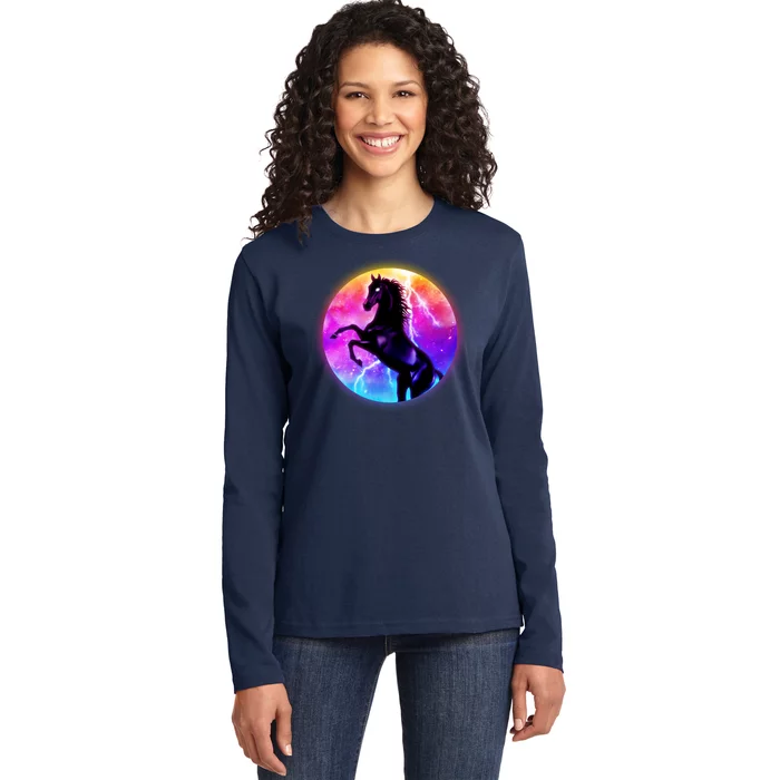 Colorful Retro 80's Eighties Lightning Galaxy Horse Ladies Long Sleeve Shirt