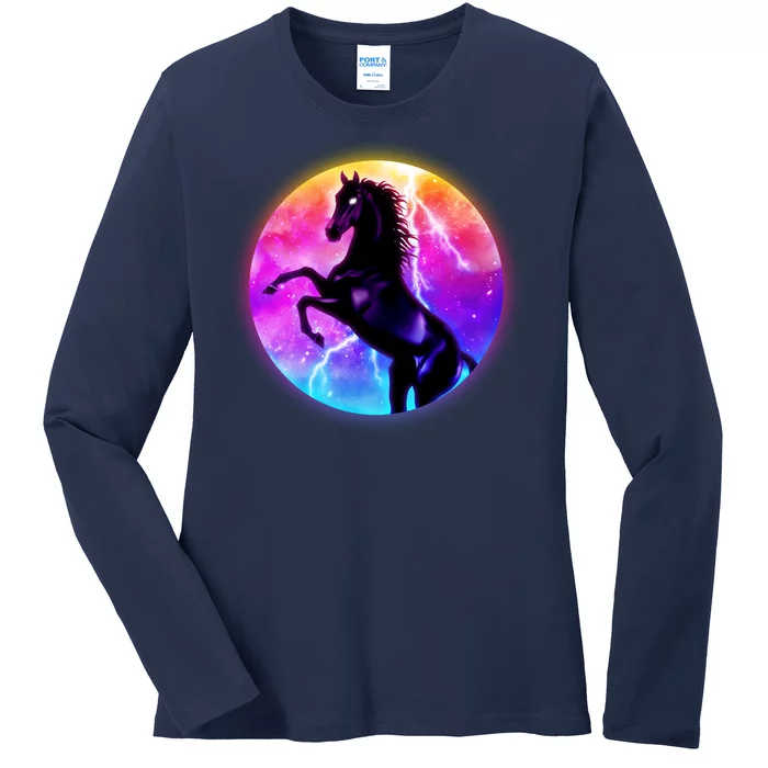 Colorful Retro 80's Eighties Lightning Galaxy Horse Ladies Long Sleeve Shirt