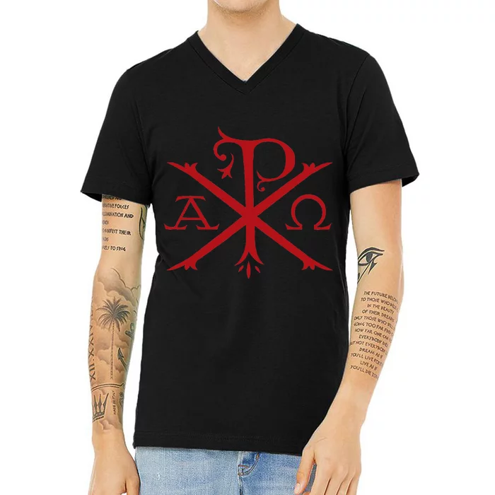 Chi Rho And Alpha Omega Early Christian Symbol V-Neck T-Shirt