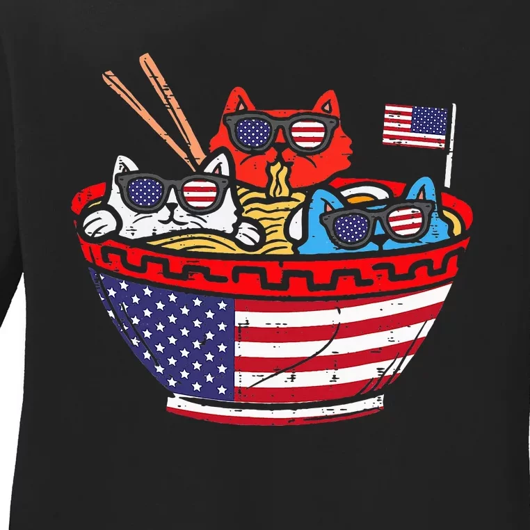 Cats Ramen Anime American Flag USA Funny 4th Of July Fourth Ladies Long Sleeve Shirt