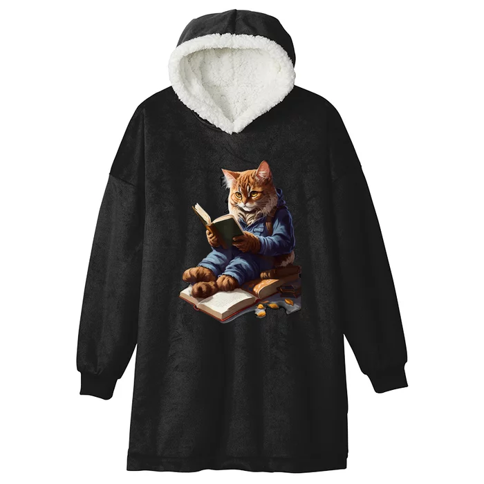 Cat Reading A Book Graphic Funny Cats Kitten Lovers Gift Hooded Wearable Blanket