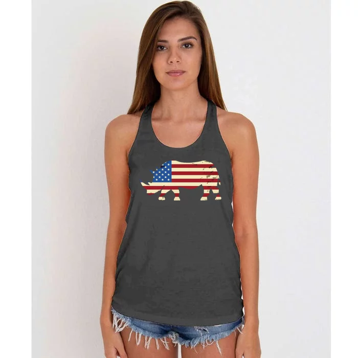 Cool Rhino Art For Men Women Rhinoceros 4th Of July USA Flag Women's Knotted Racerback Tank