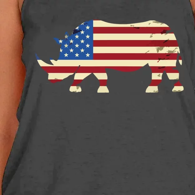 Cool Rhino Art For Men Women Rhinoceros 4th Of July USA Flag Women's Knotted Racerback Tank