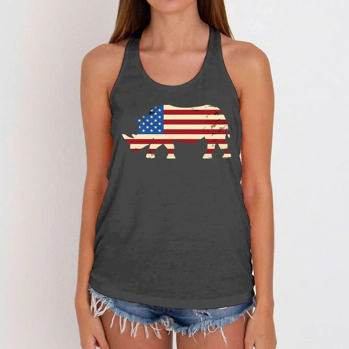 Cool Rhino Art For Men Women Rhinoceros 4th Of July USA Flag Women's Knotted Racerback Tank